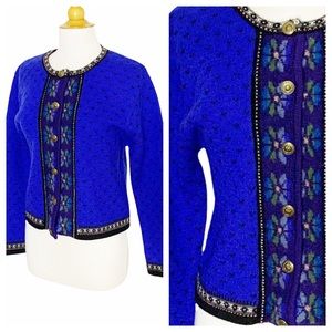 Tally-Ho Vintage Blue Black Boiled Wool Intarsia Cardigan - Petite Medium